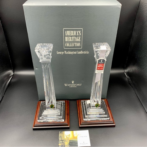 Waterford Crystal George Washington Candlestick Holders 11.75” Wood Base HTF NIB - Picture 8 of 15